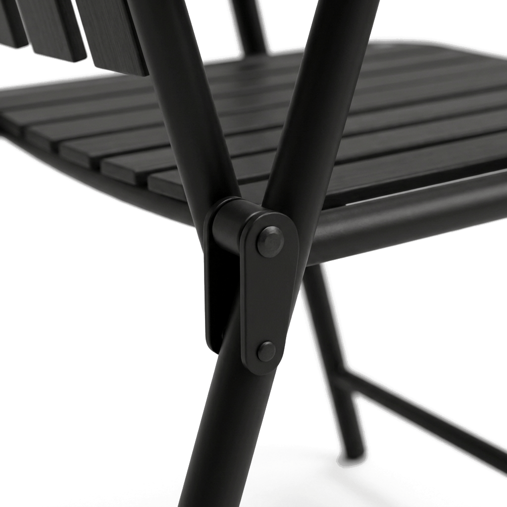 Close-up detail of the chair folding hinge and pivot bolt in matte black (close-up detail)