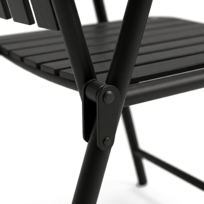 Close-up detail of the chair folding hinge and pivot bolt in matte black (close-up detail)