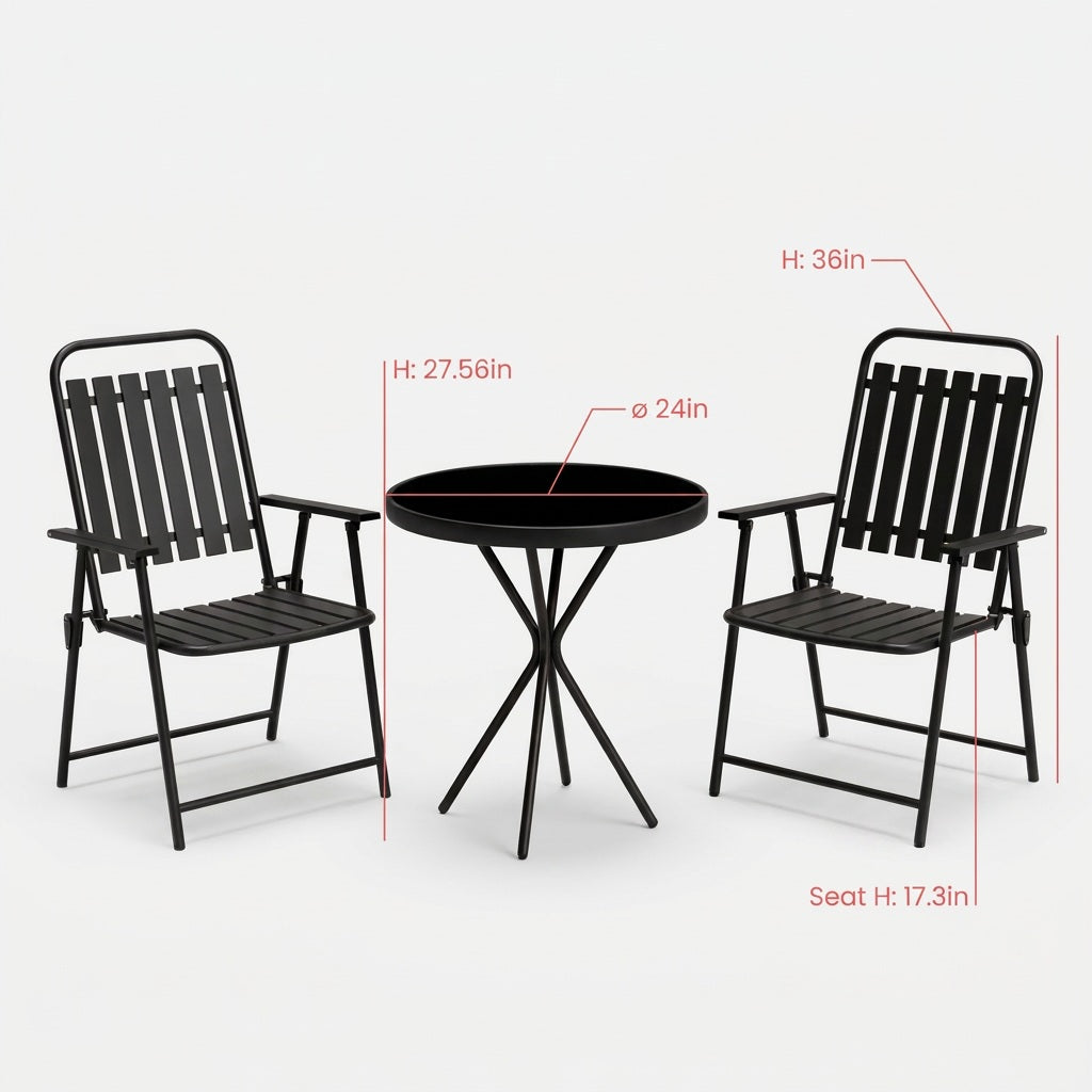 Dimensions card showing table and chair measurements (feature callout)