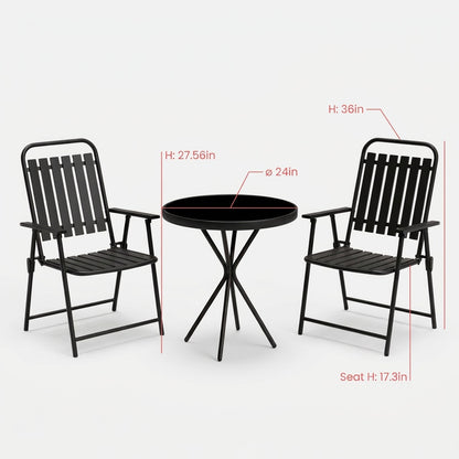 Dimensions card showing table and chair measurements (feature callout)