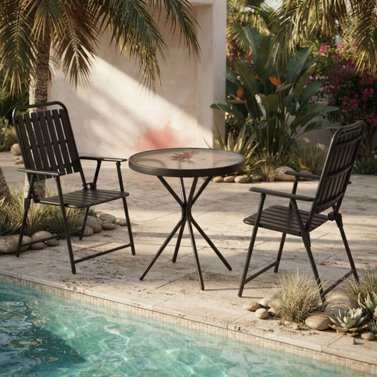 3-Piece Folding Bistro Set — Black Metal, Glass Top