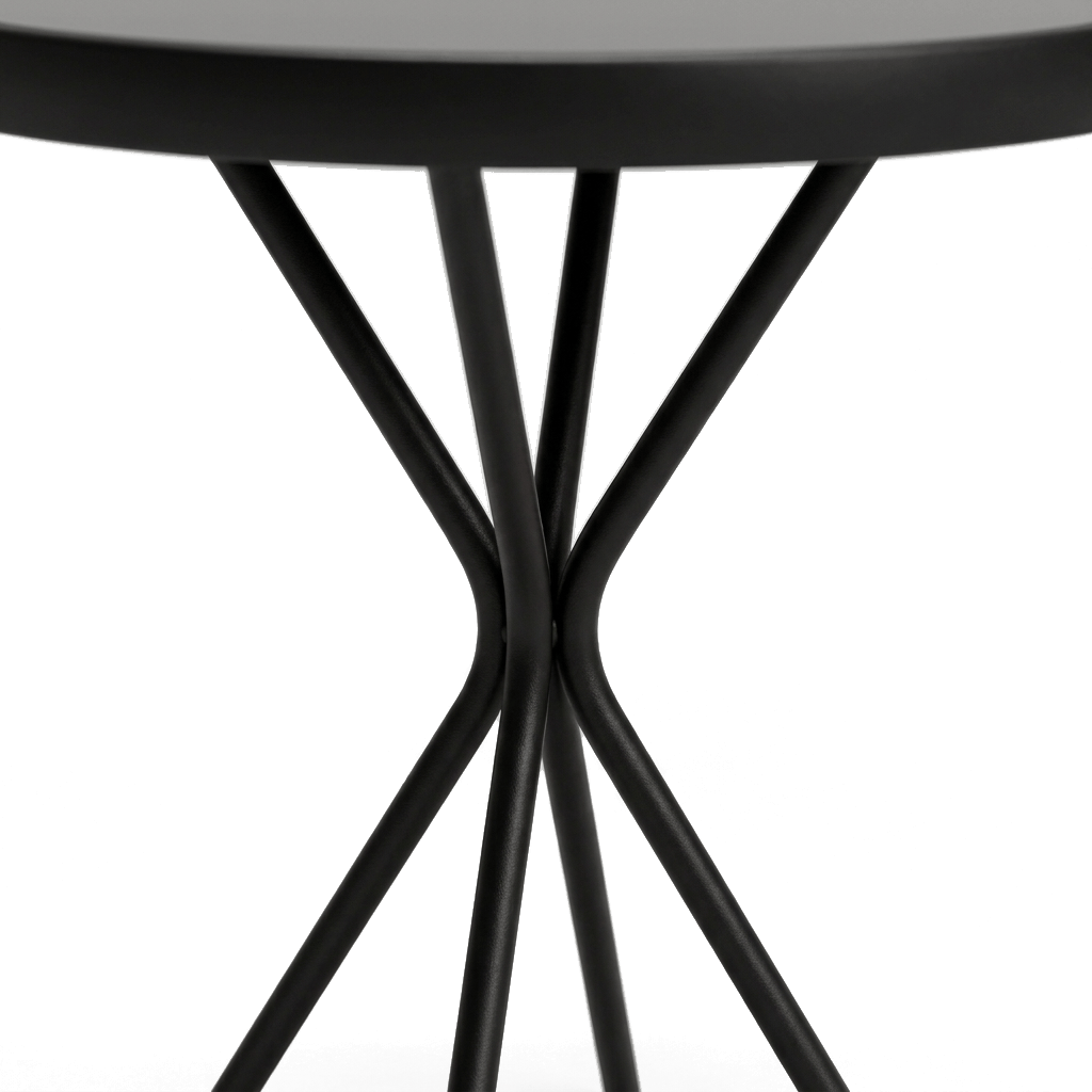 Close-up detail of the table crossed X-leg base in matte black (close-up detail)