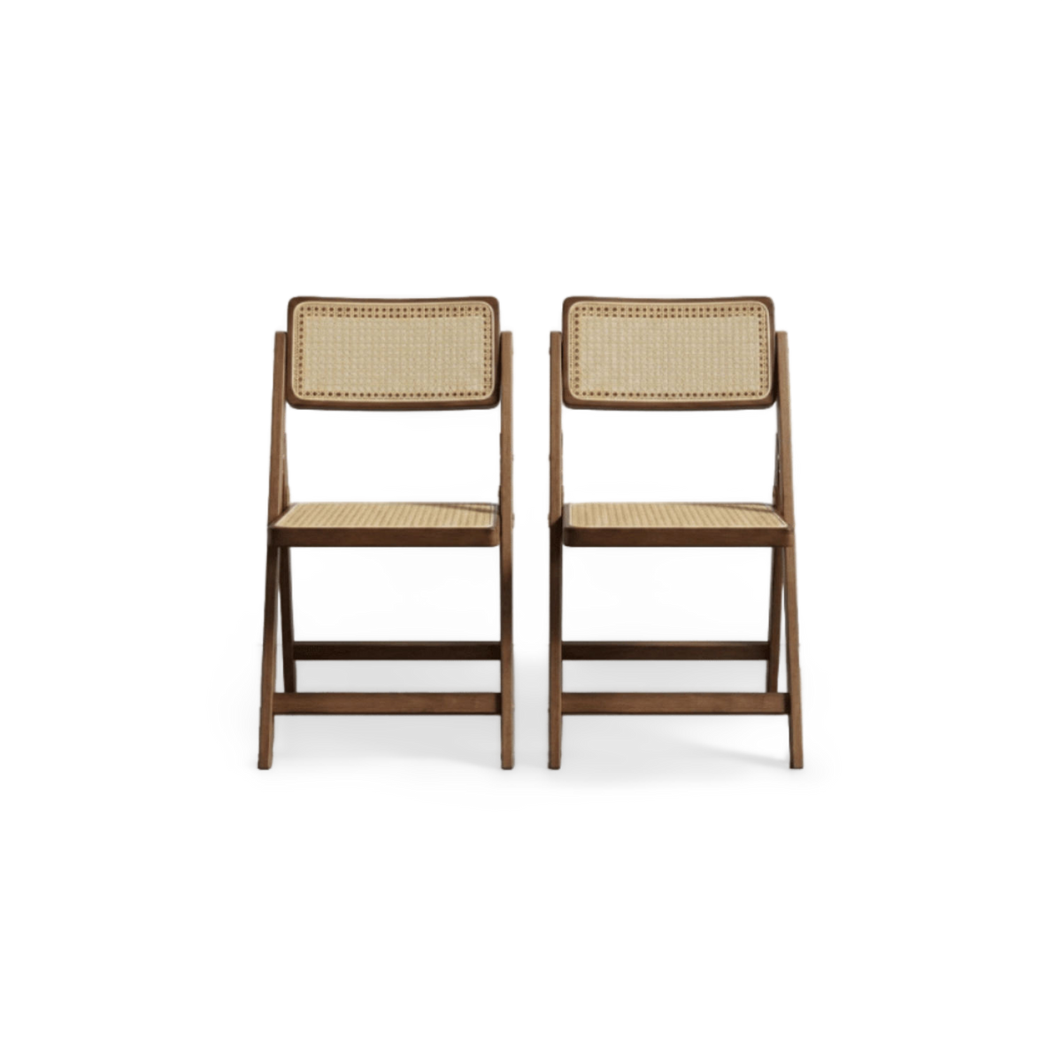 Folding dining chairs set of 2 in walnut-finish bamboo with rattan seats, front view (plain studio)