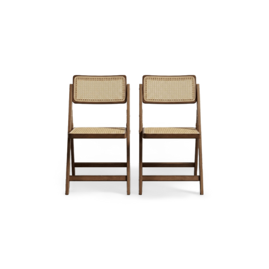 Folding dining chairs set of 2 in walnut-finish bamboo with rattan seats, front view (plain studio)