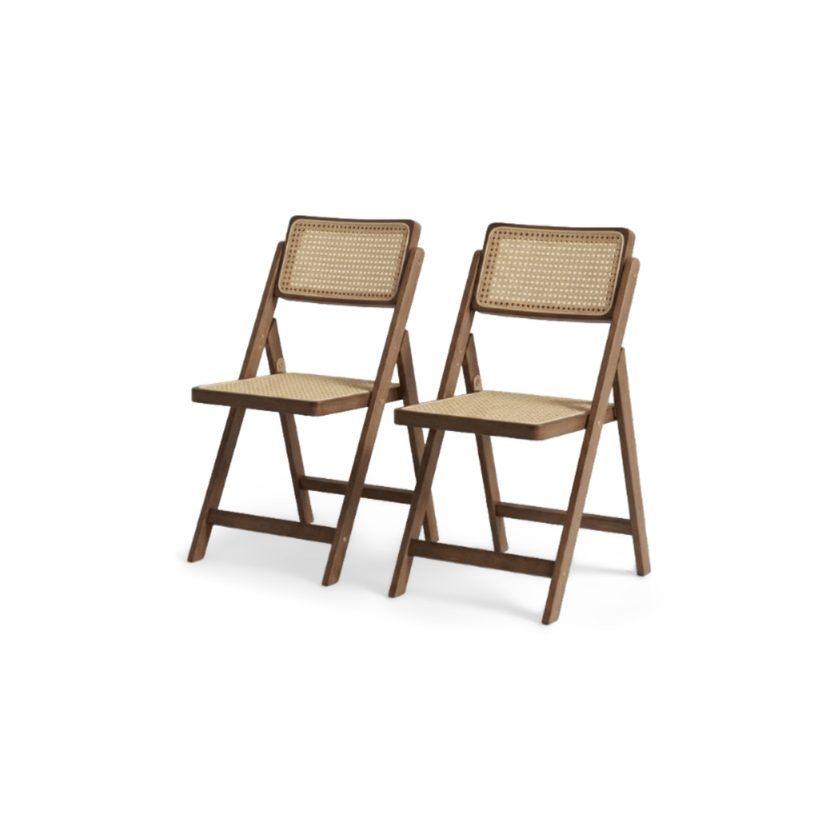 Rattan folding chairs, set of two, seen at a three-quarter angle (plain studio)