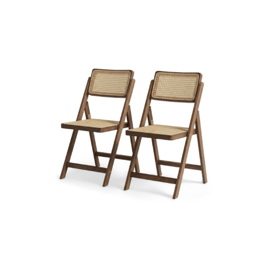 Rattan folding chairs, set of two, seen at a three-quarter angle (plain studio)