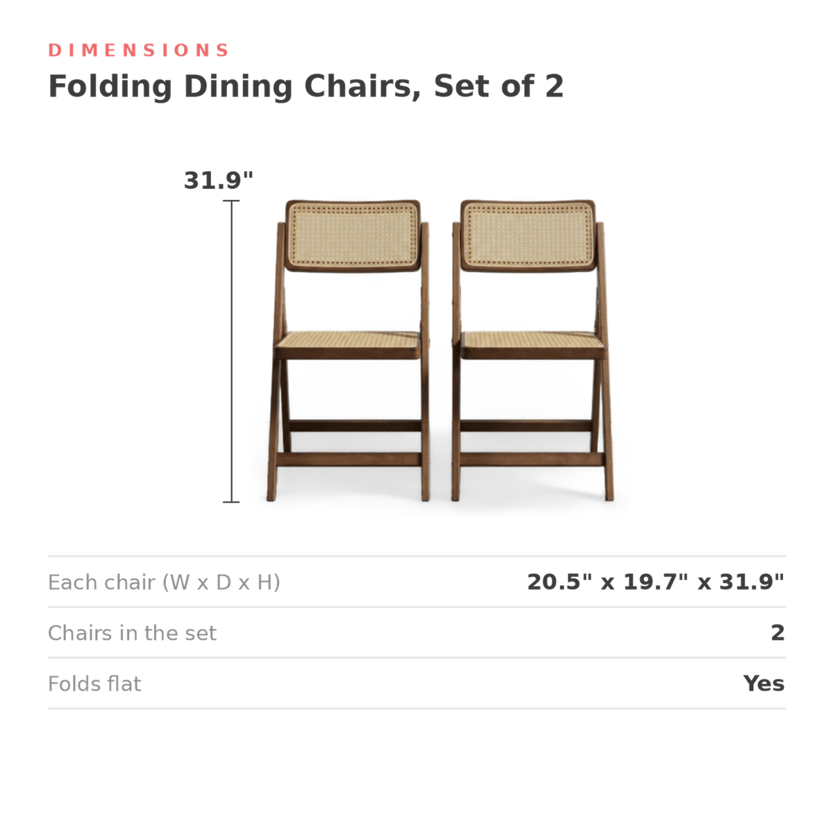 Dimensions of each chair: 20.5 in. wide, 19.7 in. deep, 31.9 in. high (dimensions)
