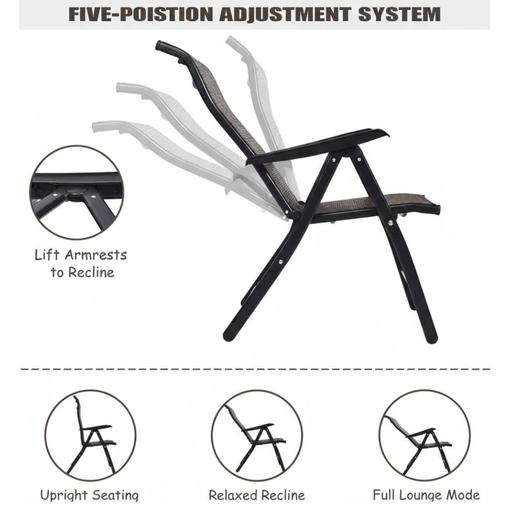 Outdoor heavy-duty dark brown rattan folding patio chair with five-position backrest and powder-coated steel frame