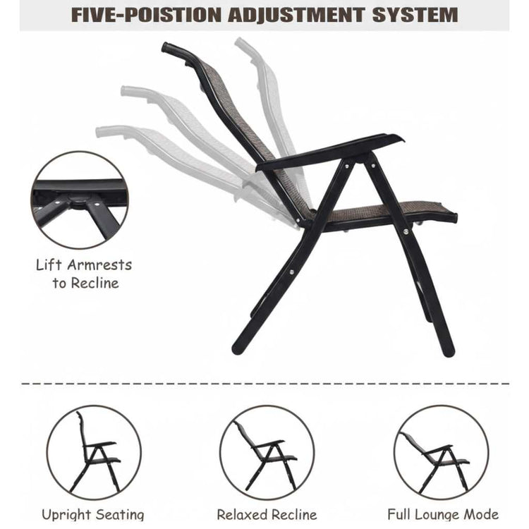 Outdoor heavy-duty dark brown rattan folding patio chair with five-position backrest and powder-coated steel frame