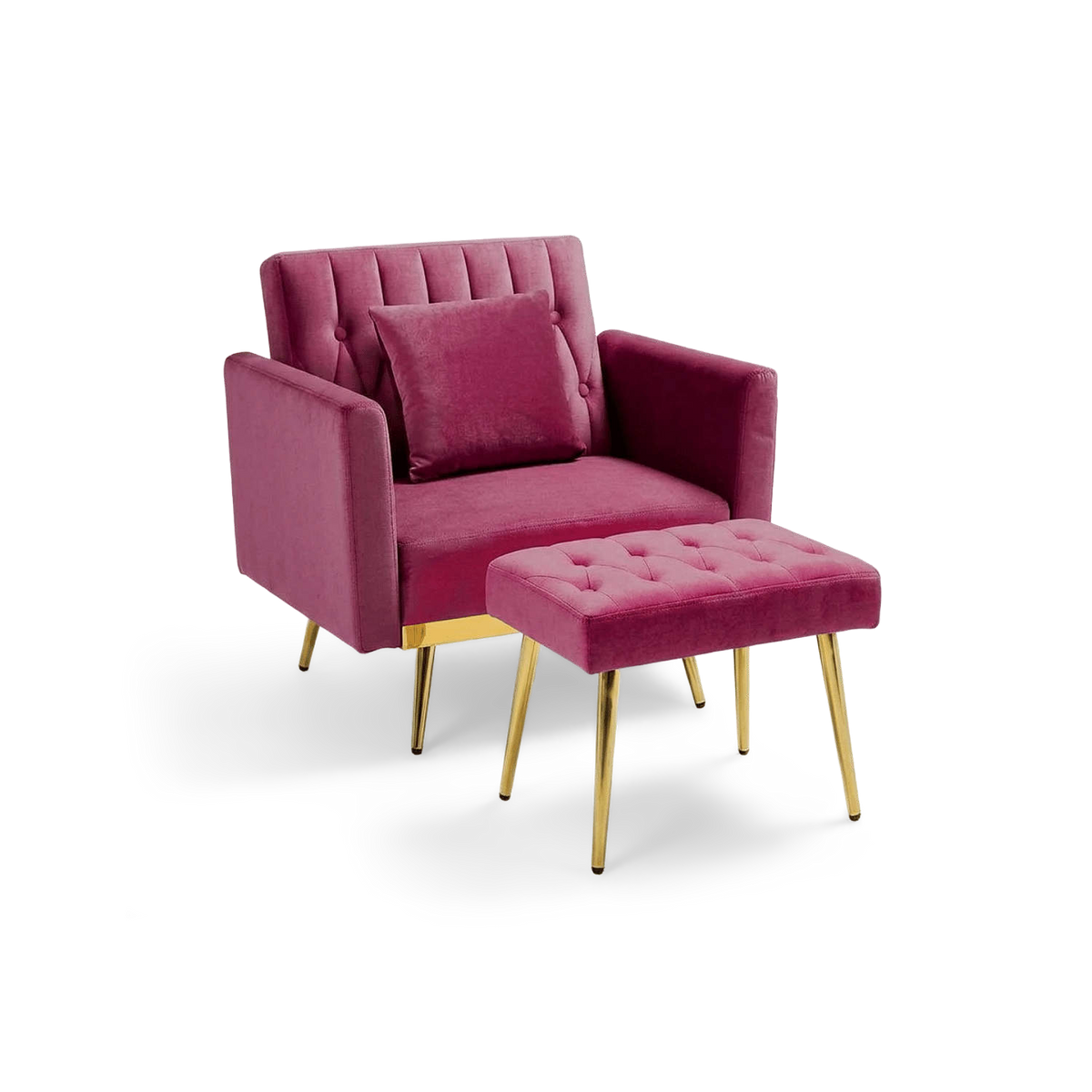 Fuchsia velvet accent chair with ottoman and gold metal legs, angled view (plain studio)