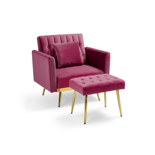 Fuchsia velvet accent chair with ottoman and gold metal legs, angled view (plain studio)