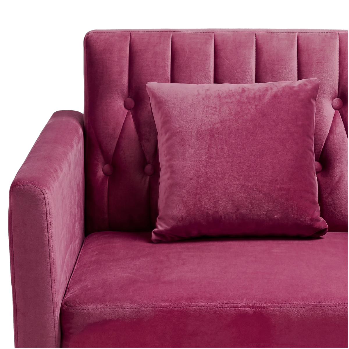 Tufted channel backrest and pillow of the fuchsia velvet accent chair (close-up detail)