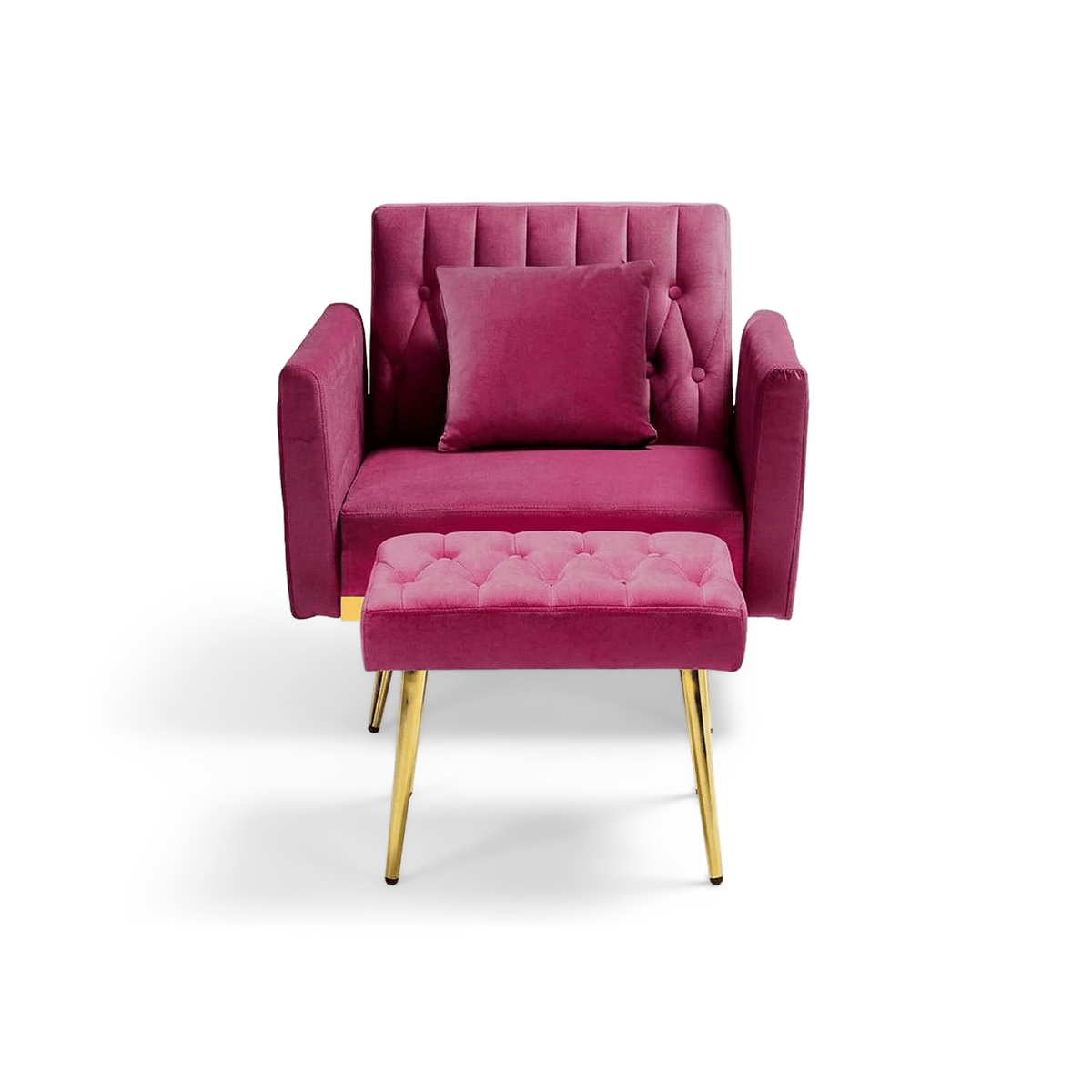 Fuchsia velvet accent chair with ottoman and gold metal legs, front view (plain studio)