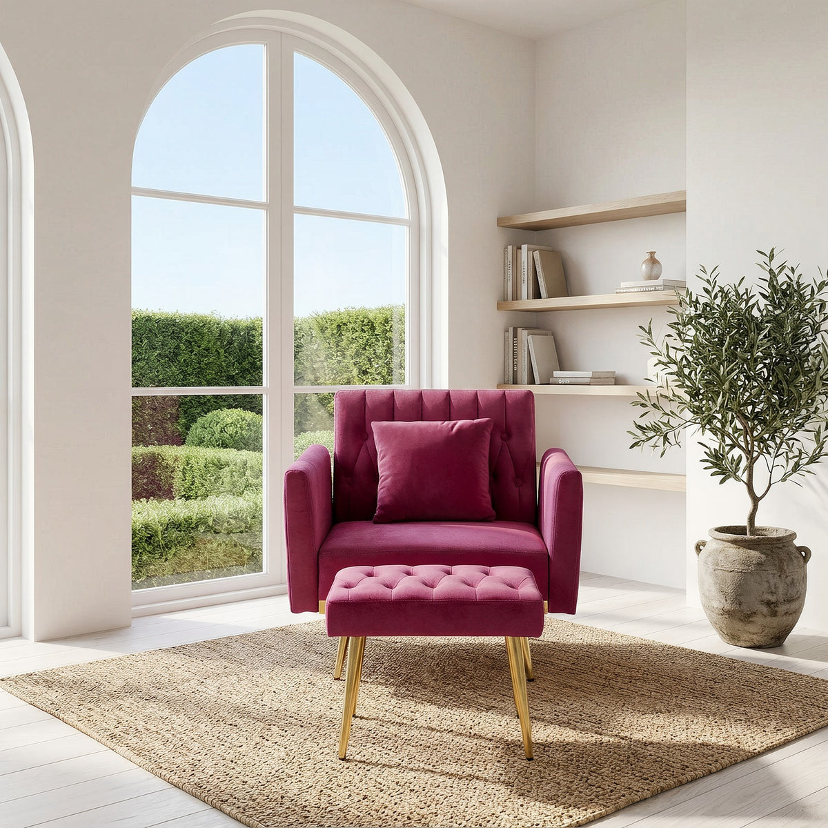 Fuchsia velvet accent chair with ottoman in a bright sunroom with an arched window