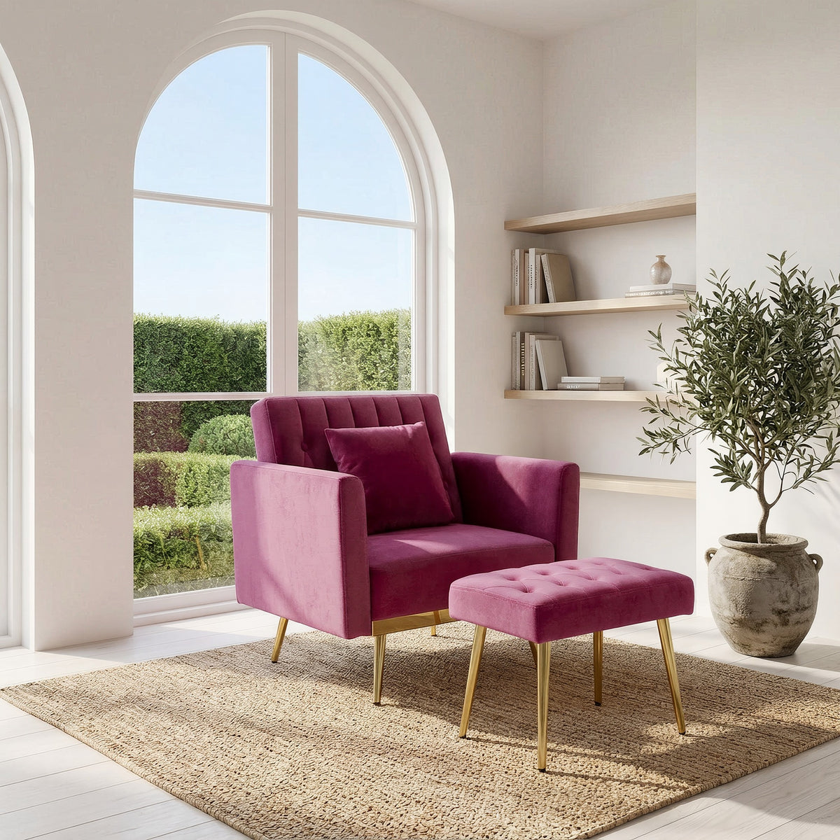 Fuchsia velvet accent chair turned three-quarter view in a sunlit sunroom beside shelves