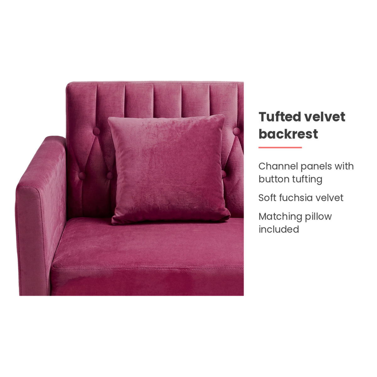 Tufted channel backrest feature of the fuchsia velvet accent chair (feature callout)