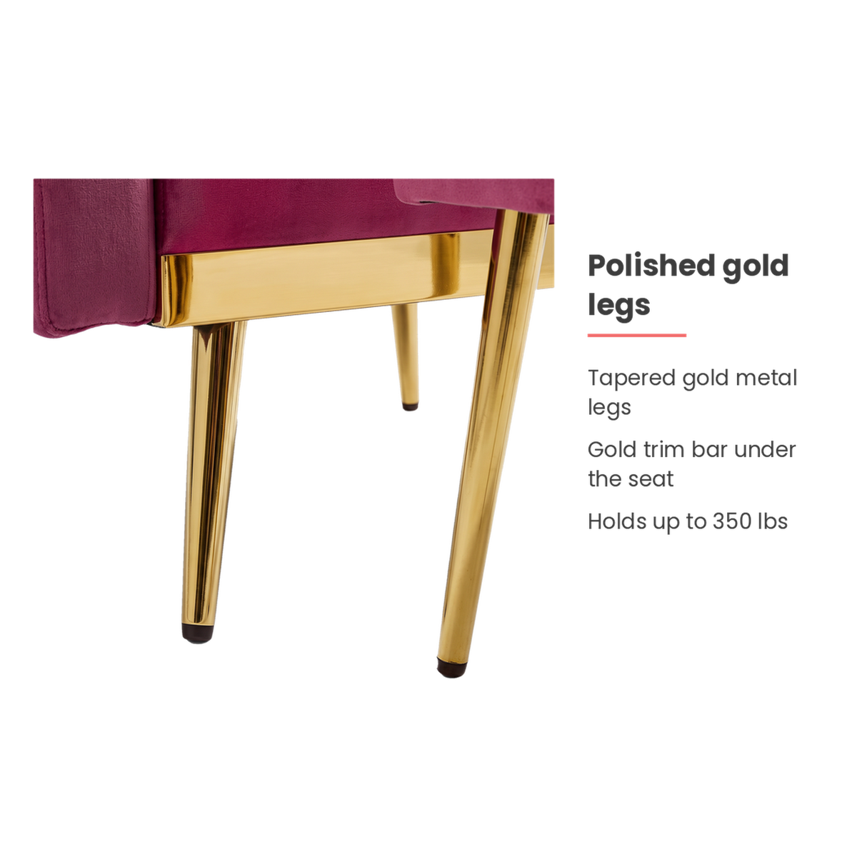 Tapered gold metal legs feature of the fuchsia velvet accent chair (feature callout)