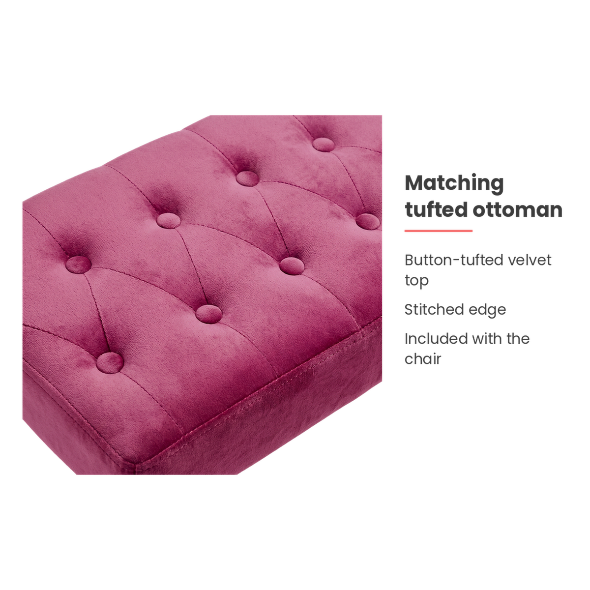 Button-tufted ottoman feature of the fuchsia velvet accent chair (feature callout)