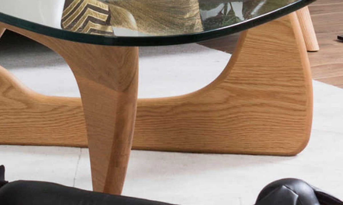 Interlocking wood base joint on the triangular glass-top coffee table, real product detail