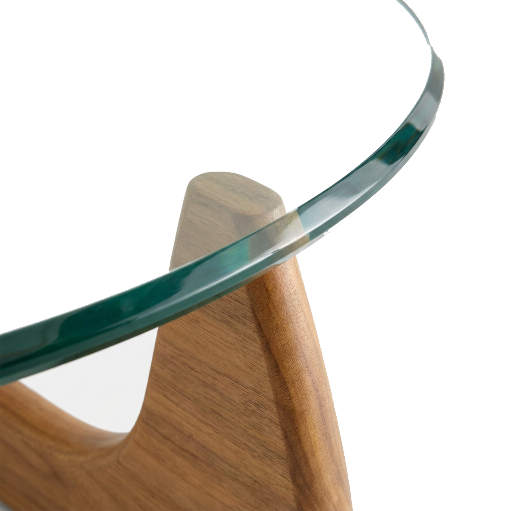 Glass top resting directly on the walnut wood base with no visible hardware