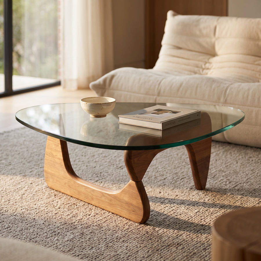 Triangular Glass-Top Coffee Table, Solid Walnut Base