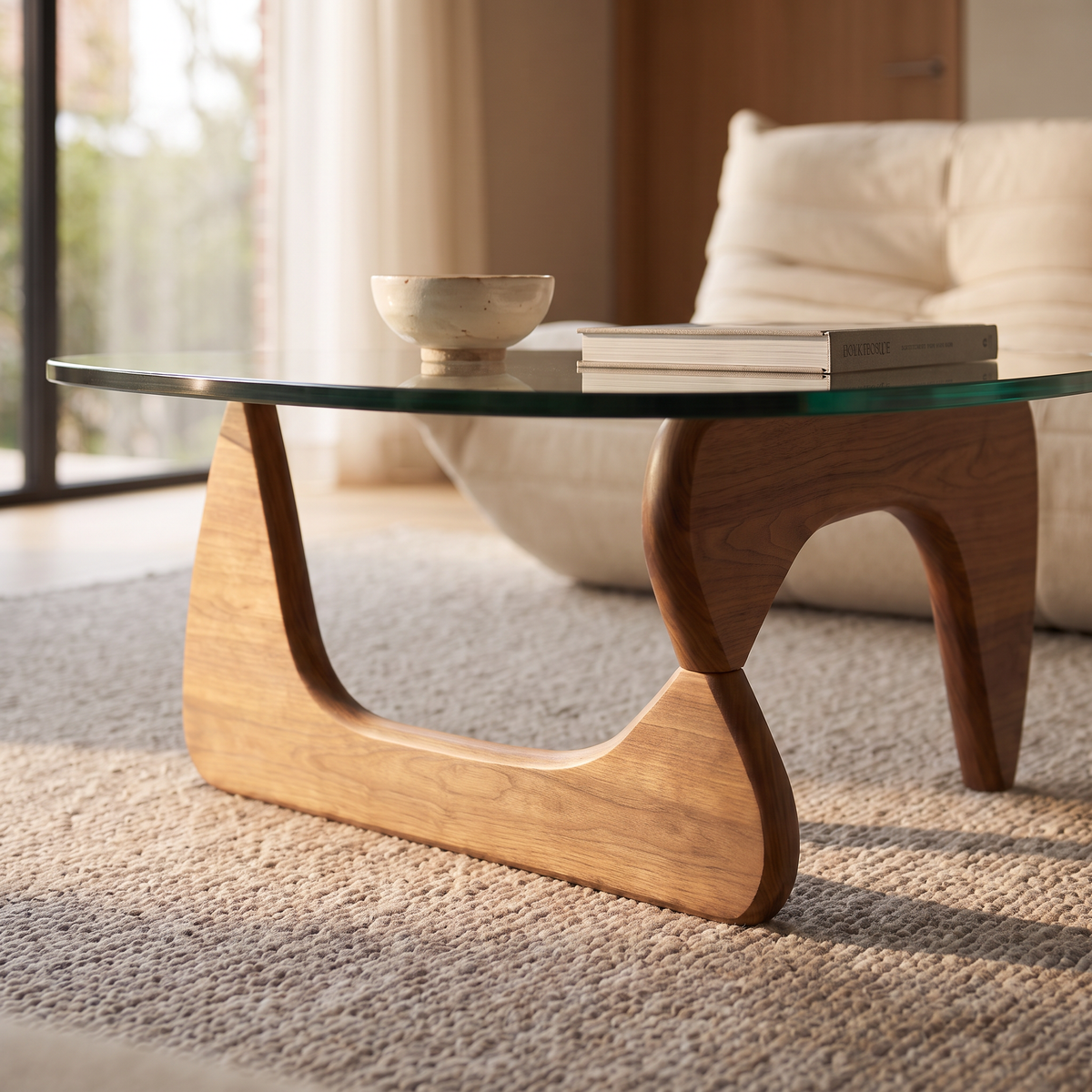 Triangular glass-top coffee table from a second living room vantage point