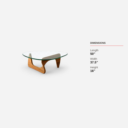 Dimensions diagram for the triangular glass-top coffee table, 50 inches by 37.5 inches by 16 inches