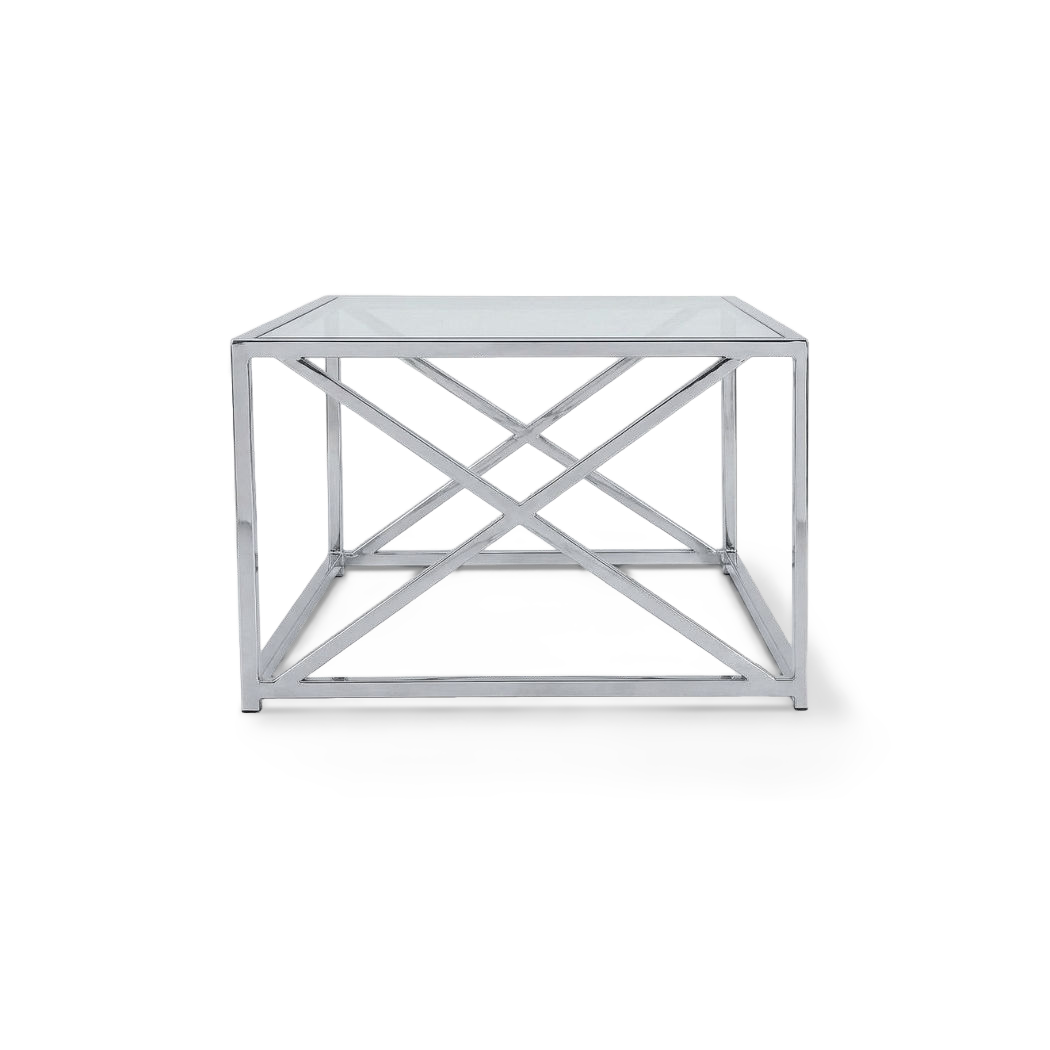 End view of the chrome X-frame side panel and glass top
