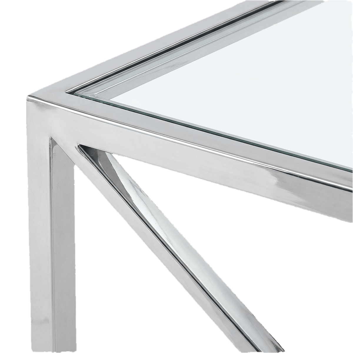 Chrome corner joint holding the edge of the glass top (close-up detail)