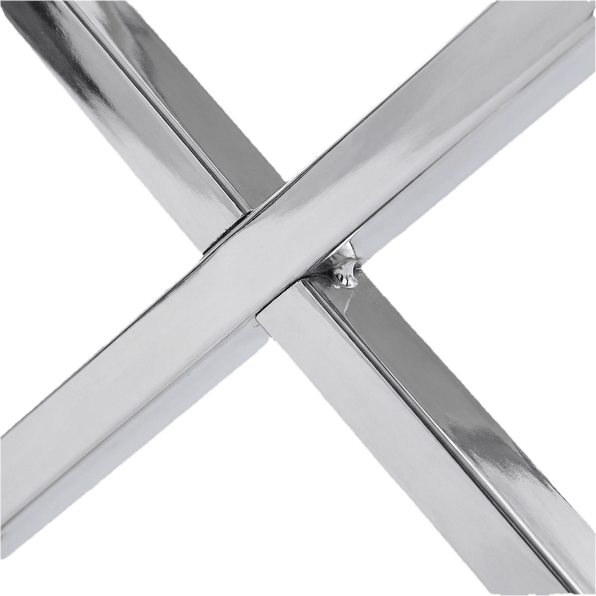 Welded chrome X-brace where it meets the side frame (close-up detail)