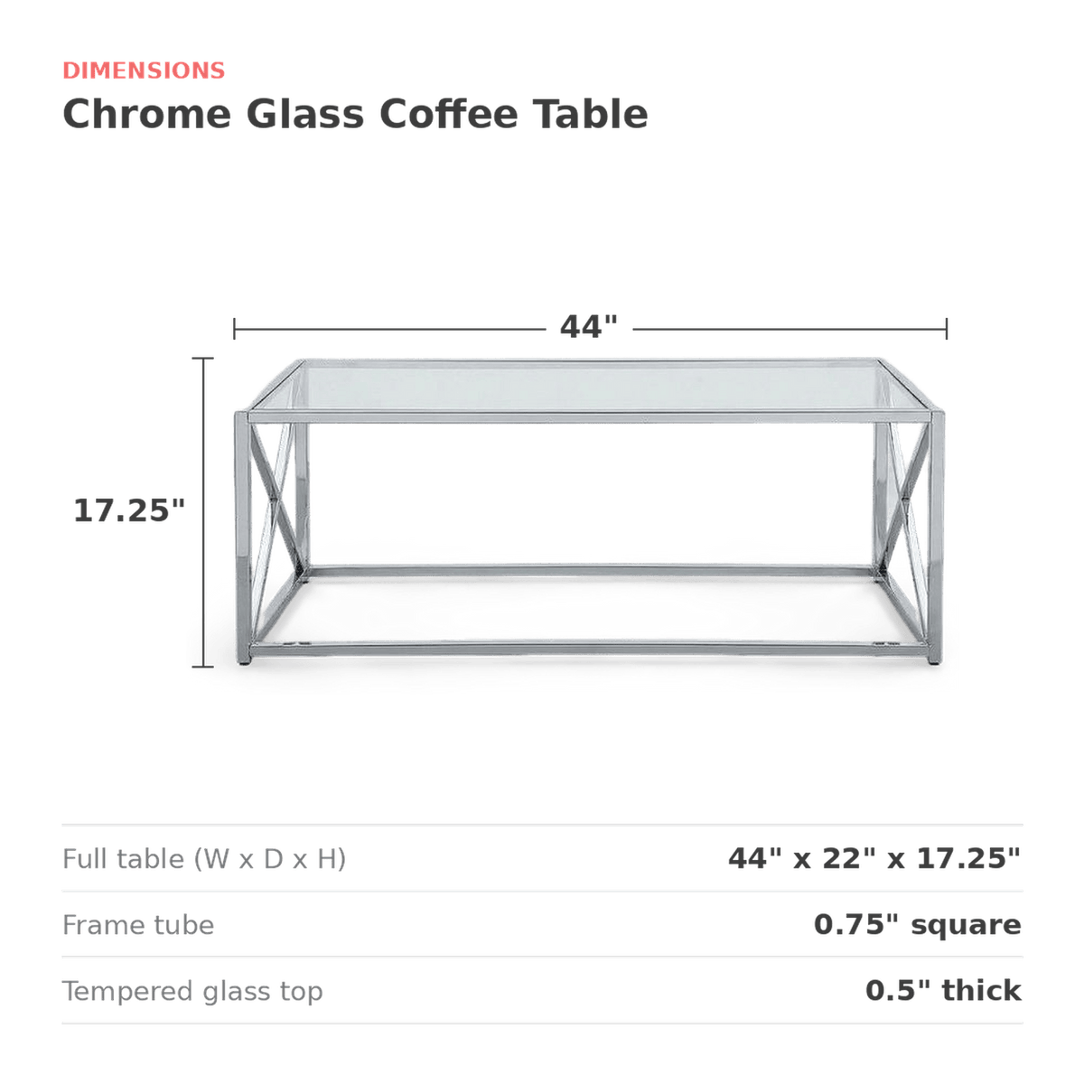 Chrome-framed glass table measuring 44 by 22 by 17.25 inches (dimensions)