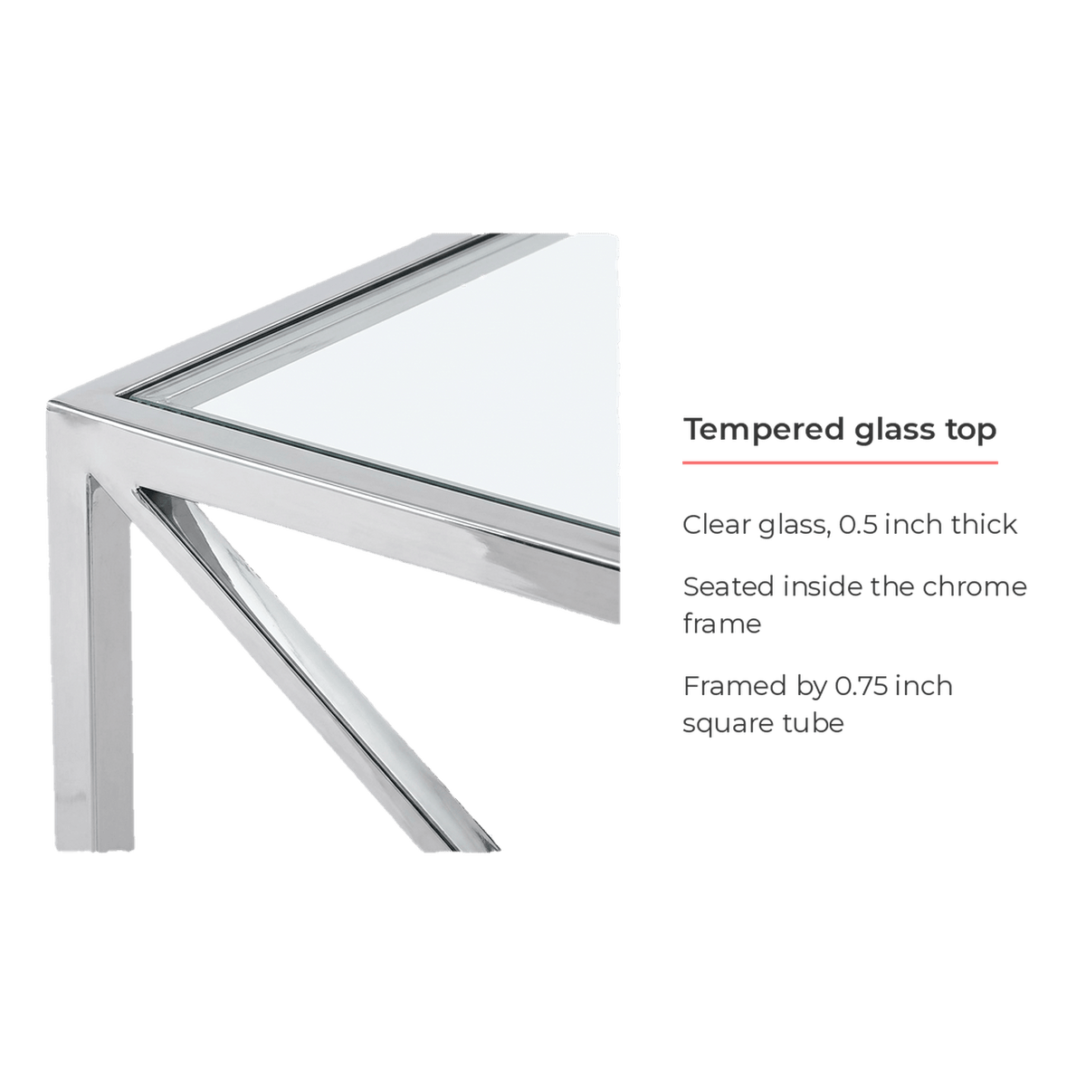 Half-inch clear glass seated in a three-quarter-inch square chrome tube frame (feature callout)