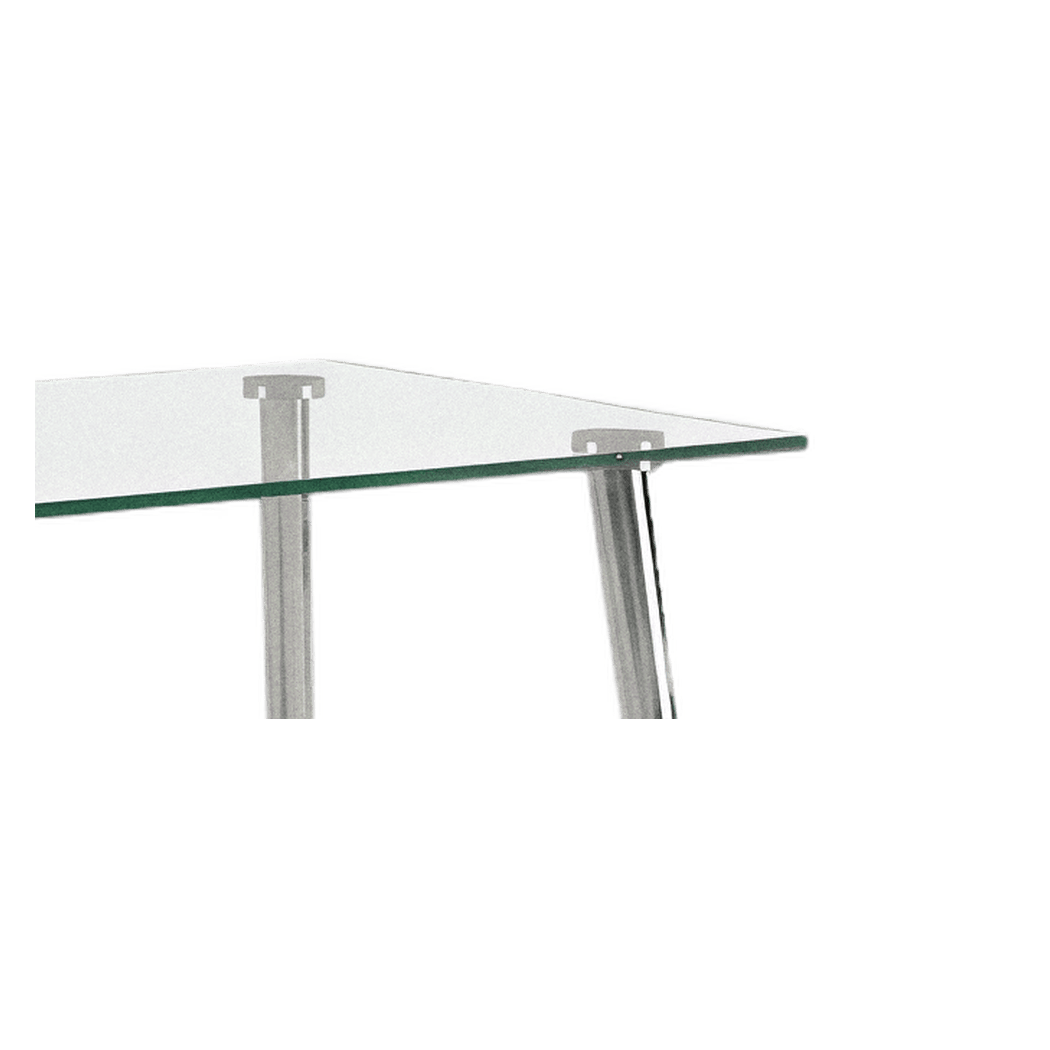 Close-up detail of the rear corner, glass slab resting on its chrome socket collars