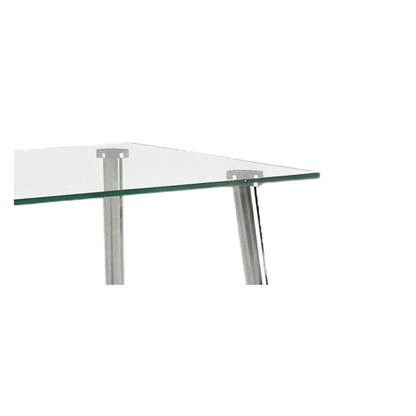 Close-up detail of the rear corner, glass slab resting on its chrome socket collars