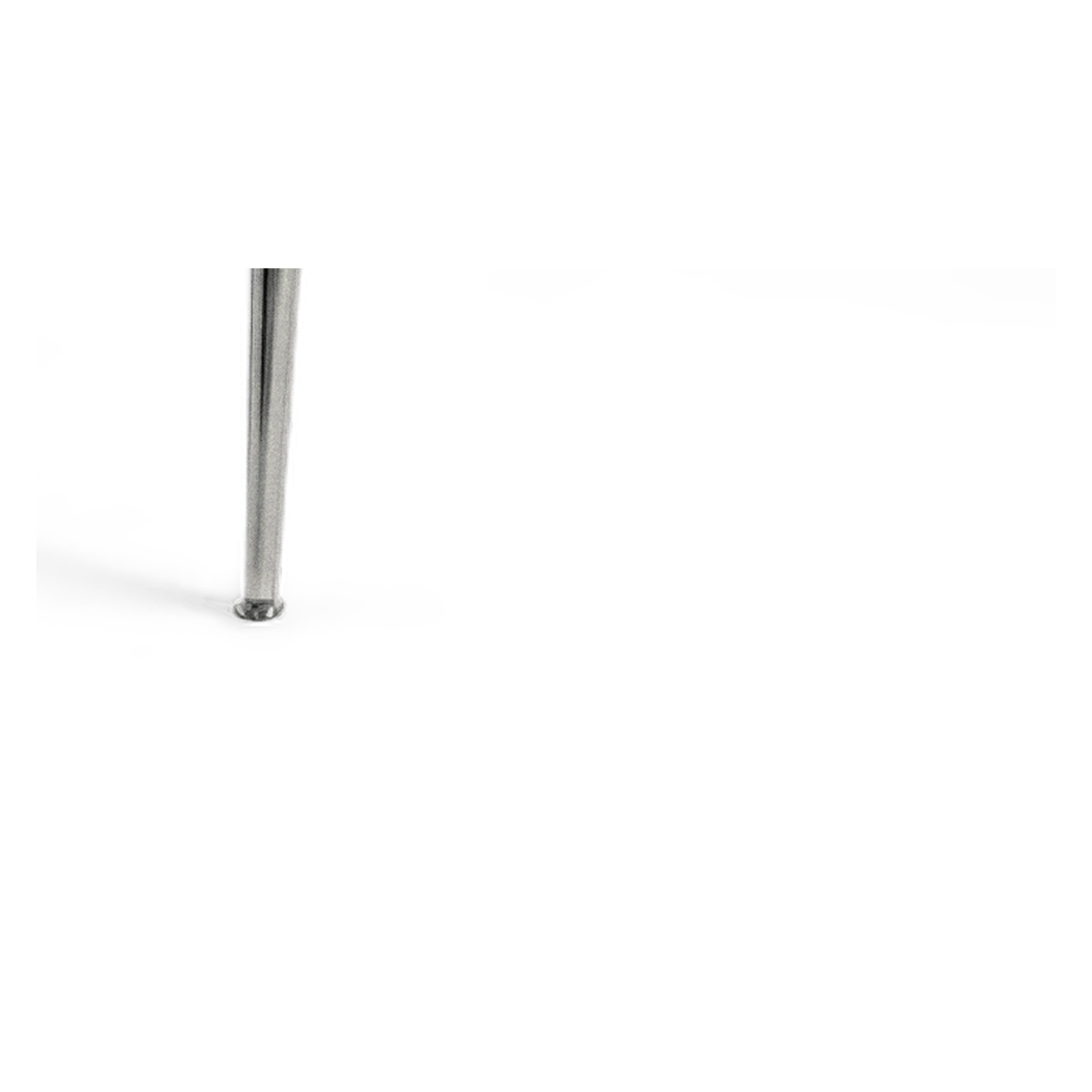 Close-up detail of a tapered chrome leg and the levelling foot at its base