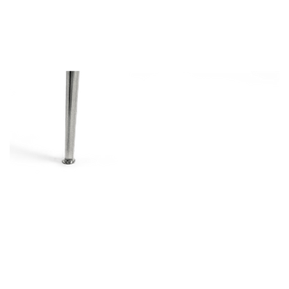 Close-up detail of a tapered chrome leg and the levelling foot at its base