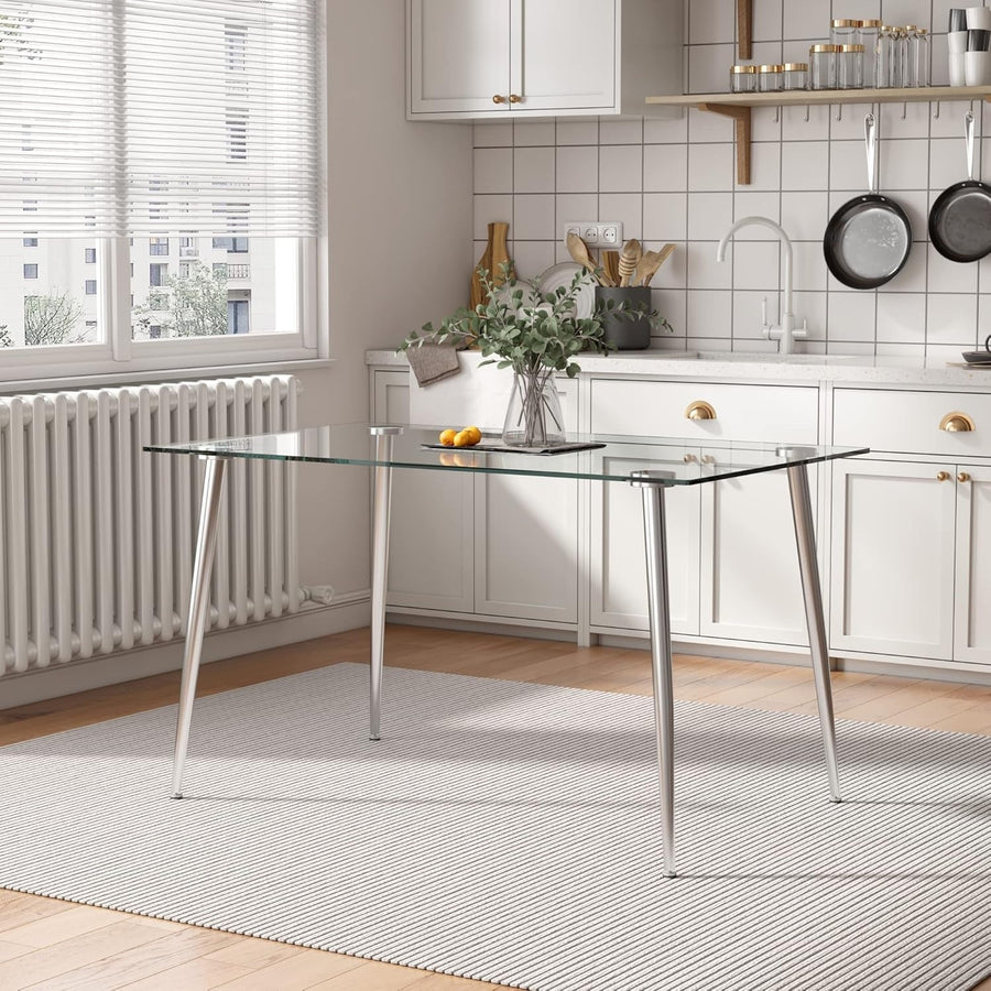 Glass Dining Table For 4, Tempered 51-Inch Silver Base
