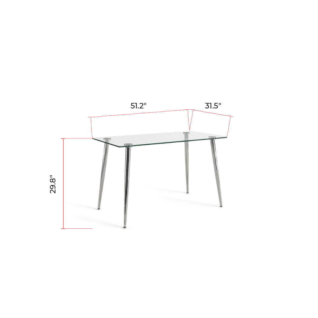 Measured drawing giving 51.2 by 31.5 by 29.8 inches for the glass dining table (dimensions)