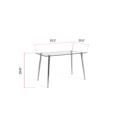 Measured drawing giving 51.2 by 31.5 by 29.8 inches for the glass dining table (dimensions)