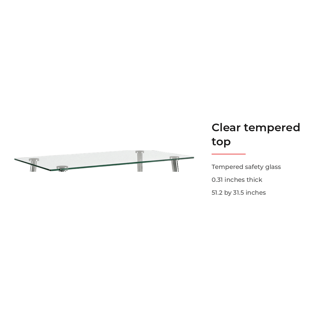 Spec card for the clear tempered glass top, 0.31 inches thick (feature callout)