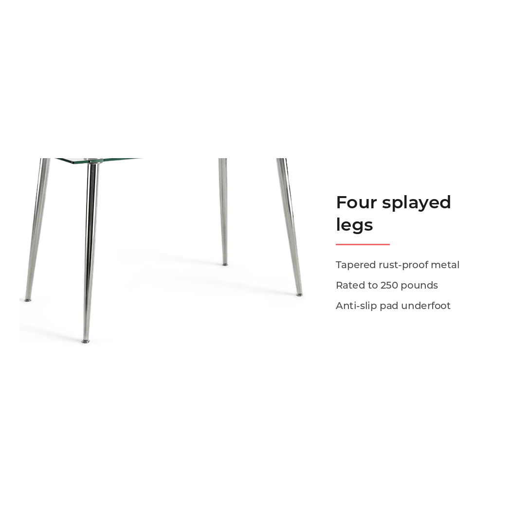 Spec card for the four splayed rust-proof legs, 250 pound rating and anti-slip pads (feature callout)