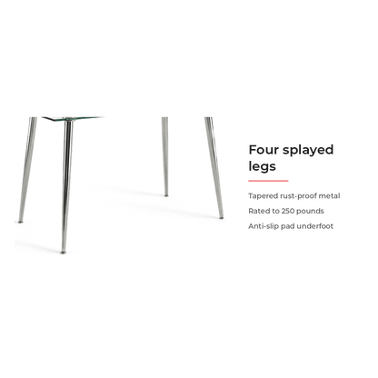 Spec card for the four splayed rust-proof legs, 250 pound rating and anti-slip pads (feature callout)