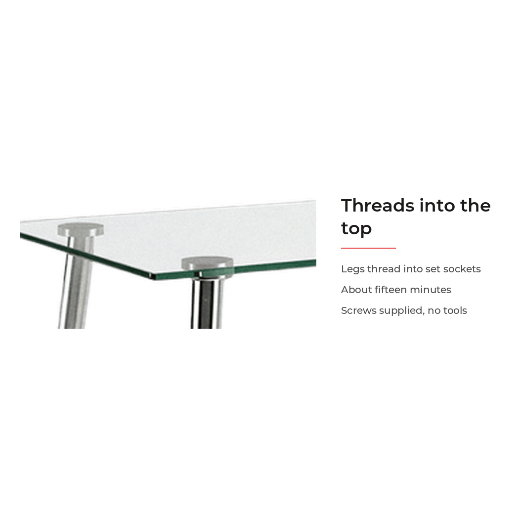 Spec card for the legs threading into the pre-set sockets (feature callout)