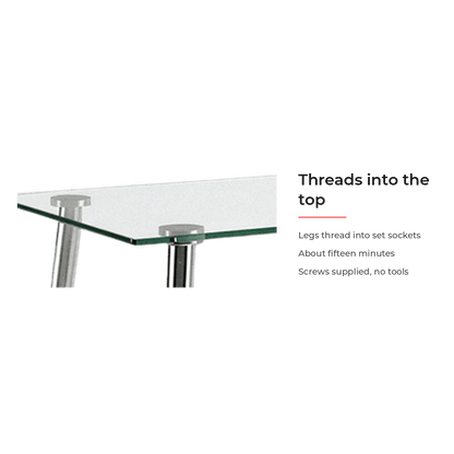 Spec card for the legs threading into the pre-set sockets (feature callout)