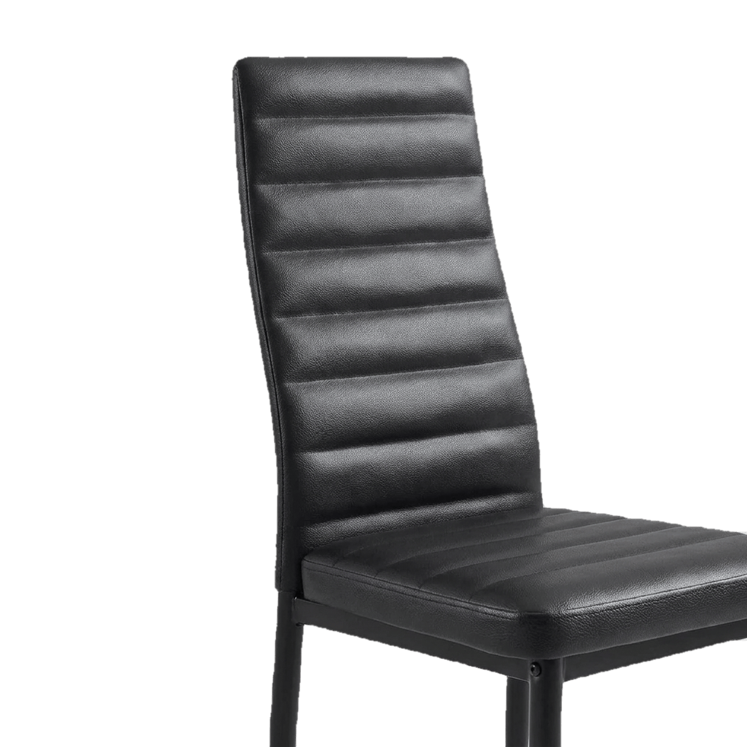 Close-up of ribbed black PU leather chair seat with stitched channels