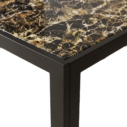 Close-up of tempered glass tabletop corner with marble print over a black metal frame