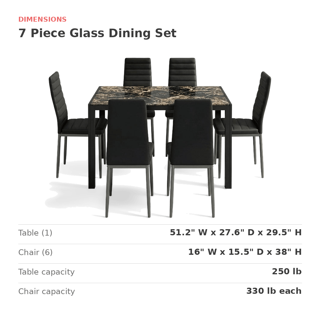 Table and chair measurements for the seven piece dining set (dimensions)