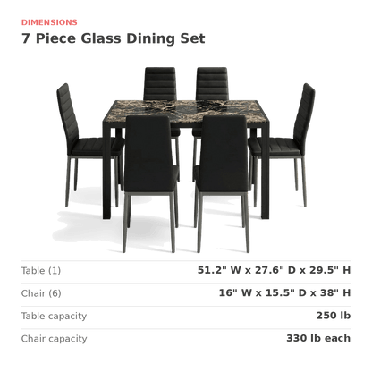 Table and chair measurements for the seven piece dining set (dimensions)
