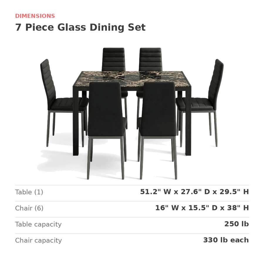 Table and chair measurements for the seven piece dining set (dimensions)