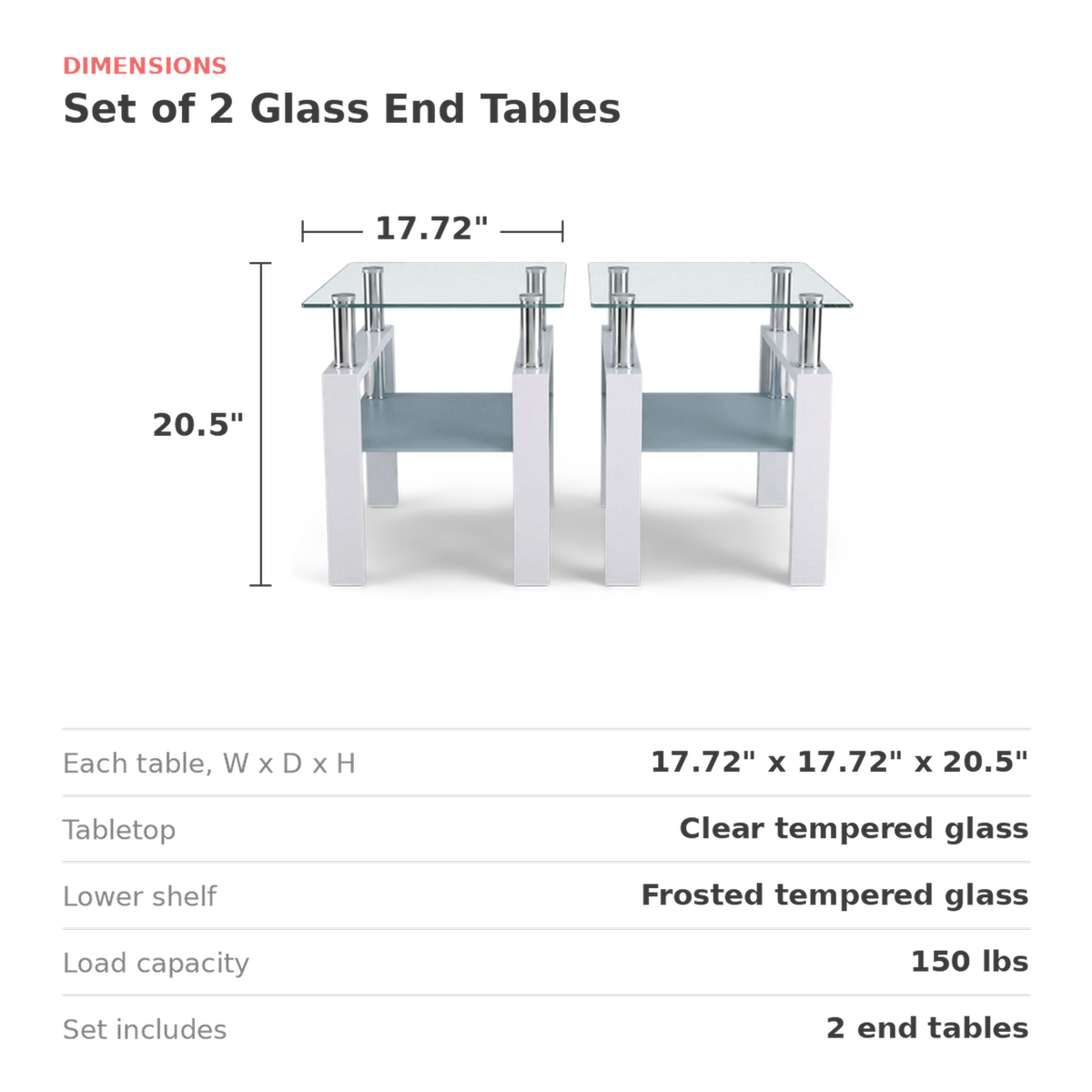 Dimensions of the glass end table set of 2: 17.72 in. wide, 17.72 in. deep, 20.5 in. high each